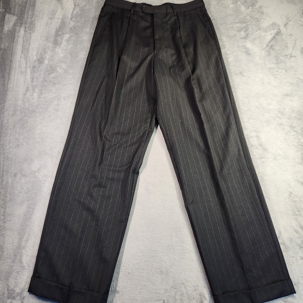 Armani Collezioni Mens Charcoal Gray Pinstripe Pleated Wool Dress Pants 30 X 30